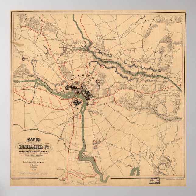 Poster Carte de défense rebelle vintage Richmond VA (1864 (Devant)