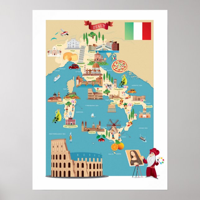 Poster Carte de dessin de l'Italie (Devant)
