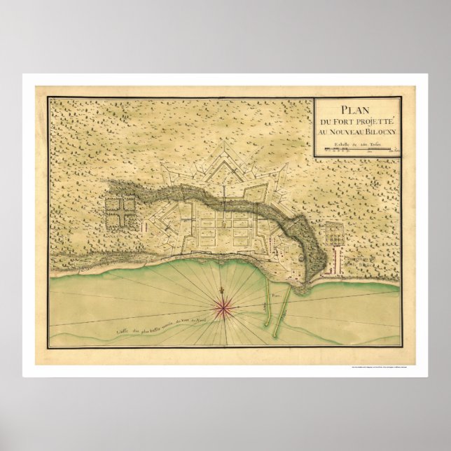 Poster Carte de fortification Biloxi Mississippi 1721 (Devant)