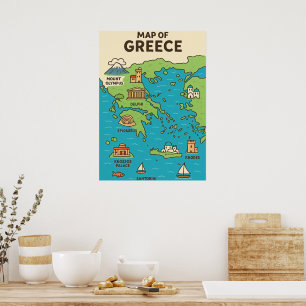 Poster Carte de Grèce en dessin animé – Monuments illustr