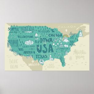 Poster Carte de griffonnage des Etats-Unis