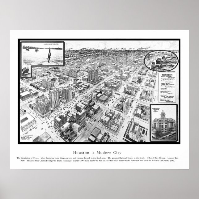 Poster Carte de Houston, TX de 1912 (Devant)