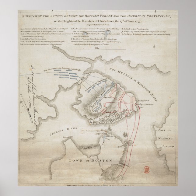 Poster Carte de la bataille vintage de Bunker Hill (1775) (Devant)