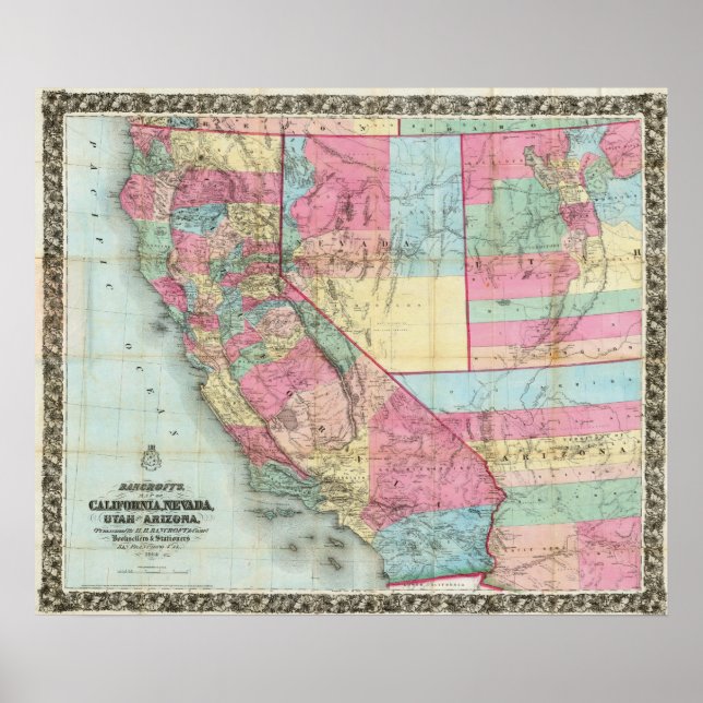 Poster Carte de la Californie, Nevada (Devant)