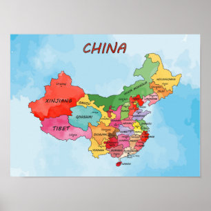 Poster Carte de la Chine aquarelle