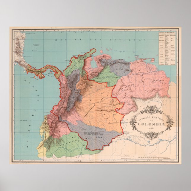 Poster Carte de la Colombie vintage (1890) (Devant)