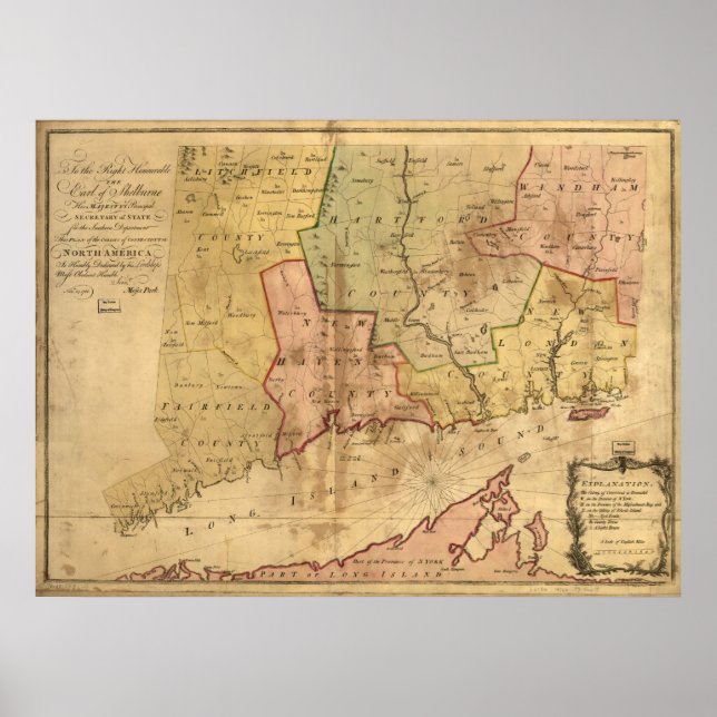 Poster Carte de la colonie du Connecticut en 1766 (Devant)