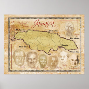 Poster Carte de la Jamaïque avec les héros nationaux