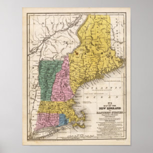 Poster Carte de la Nouvelle Angleterre ou des états
