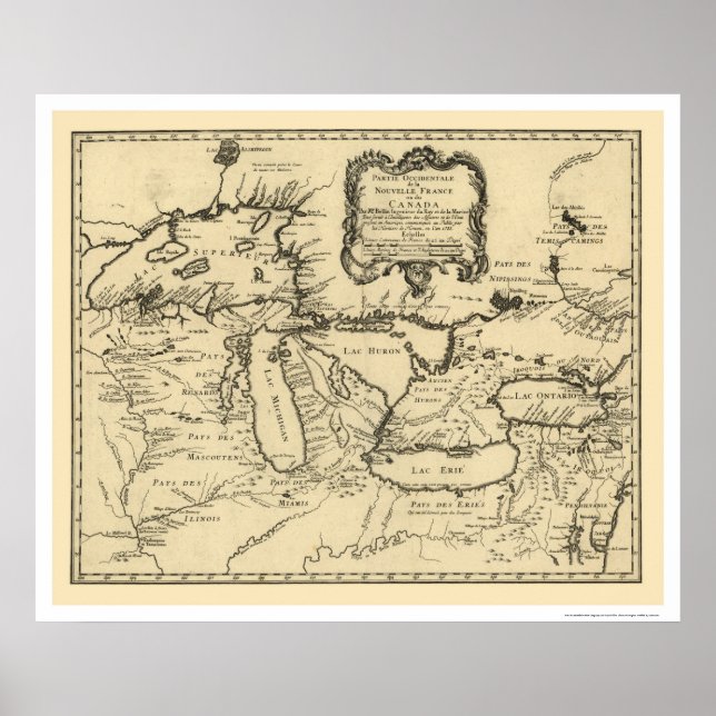 Poster Carte de la Nouvelle-France Canada 1755 (Devant)
