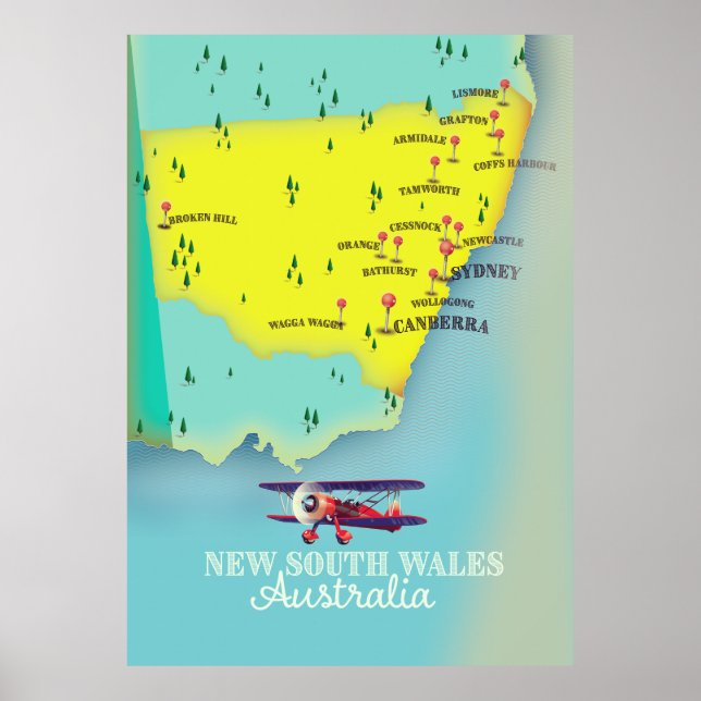 Poster Carte de la Nouvelle-Galles du Sud Australie (Devant)