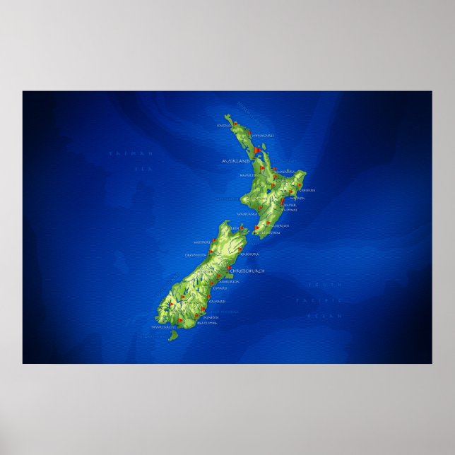 Poster Carte de la Nouvelle-Zélande (Devant)