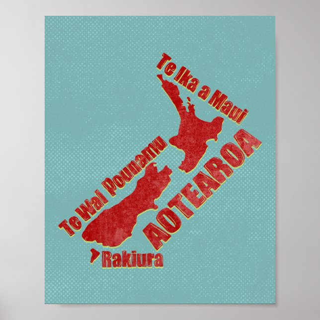 Poster Carte de la Nouvelle-Zélande Aotearoa (Devant)