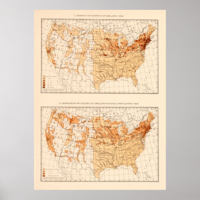 Poster Carte de la population irlandaise des États-Unis ( (Devant)
