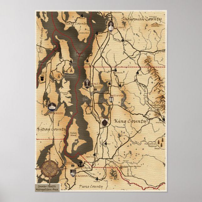 Poster Carte de la région de Seattle (Devant)