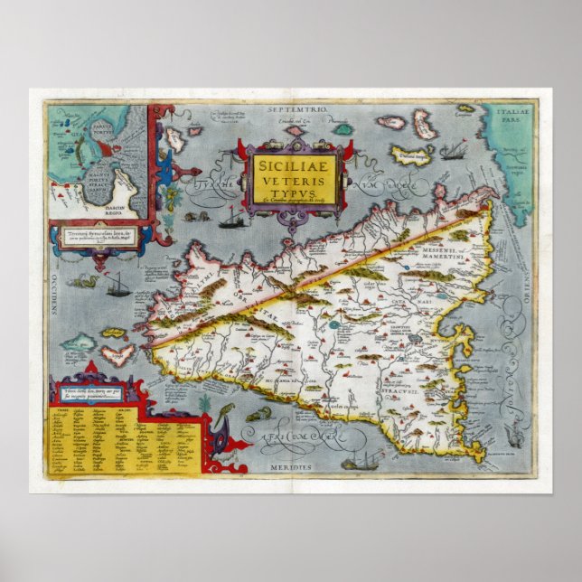Poster Carte de la Renaissance Sicile 1592 (Devant)