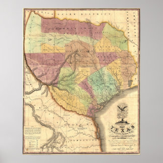 Poster Carte de la République du Texas 1837