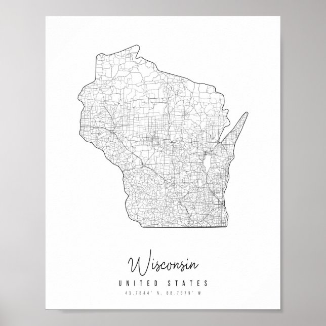 Poster Carte de la rue minimale du Wisconsin (Devant)