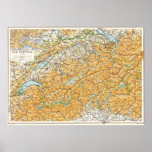 Poster Carte de la Suisse Publié en 1913 Baedeker
