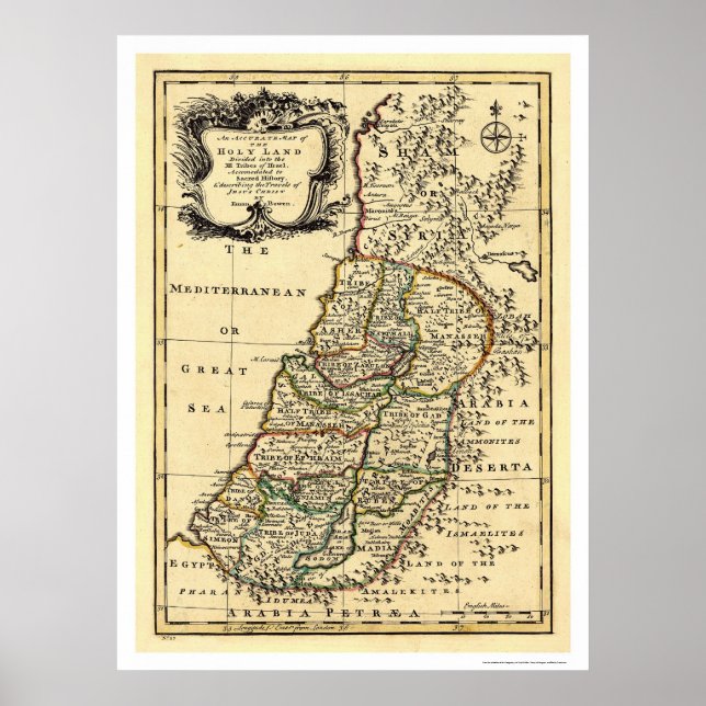 Poster Carte de la Terre Sainte d'Israël par Bowen 1752 (Devant)