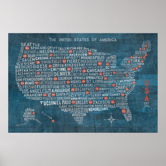 Poster Carte de la ville américaine en bleu bois (Devant)