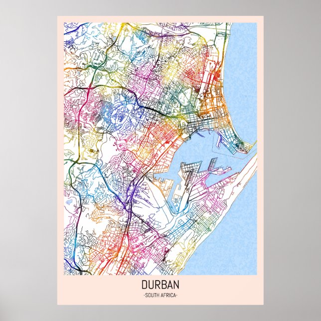 Poster Carte de la ville d'Afrique du Sud à Durban (Devant)
