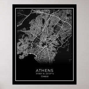 Poster Carte de la ville d'Athènes - Athènes Carte noire