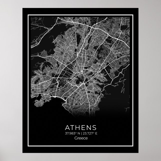 Poster Carte de la ville d'Athènes - Athènes Carte noire (Devant)