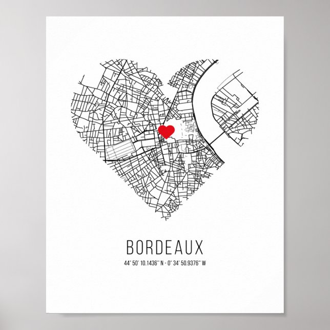 Poster Carte de la ville de Bordeaux Coeur (France) (Devant)
