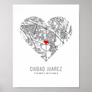 Poster Carte de la ville de Heart Ciudad Juarez (Mexique)