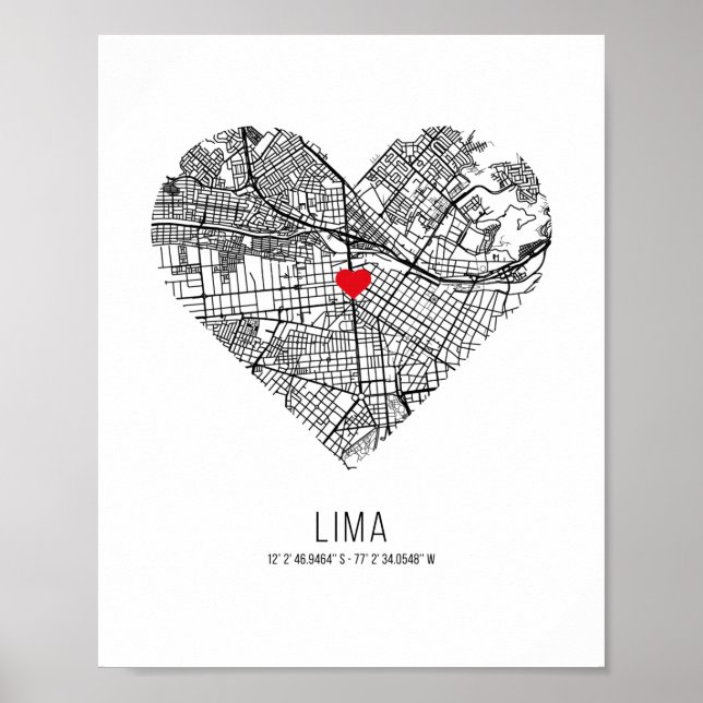 Poster Carte de la ville de Heart Lima (Pérou) (Devant)