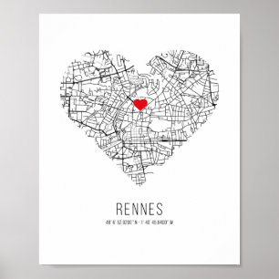 Poster Carte de la ville de Heart Rennes (France)