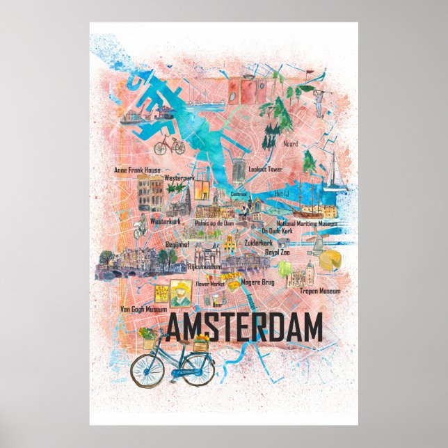 Poster Carte de la ville touristique d'Amsterdam Pays-Bas (Devant)