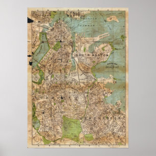 Poster Carte de la ville vintage de Boston, Massachusetts