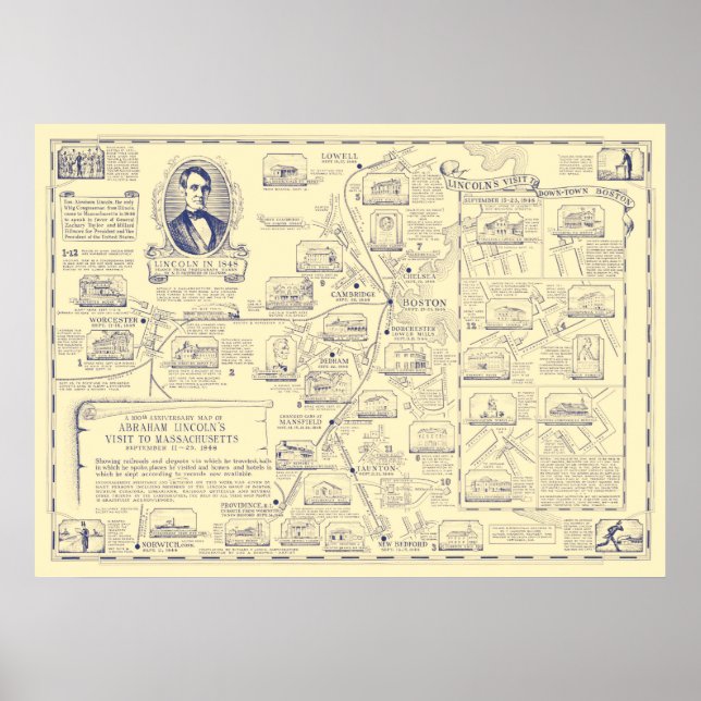 Poster Carte de la visite d'Abraham Lincoln au Massachuse (Devant)