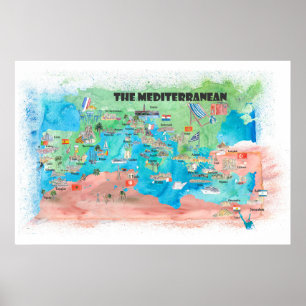 Poster Carte de l'affiche de voyage de la Méditerranée Es