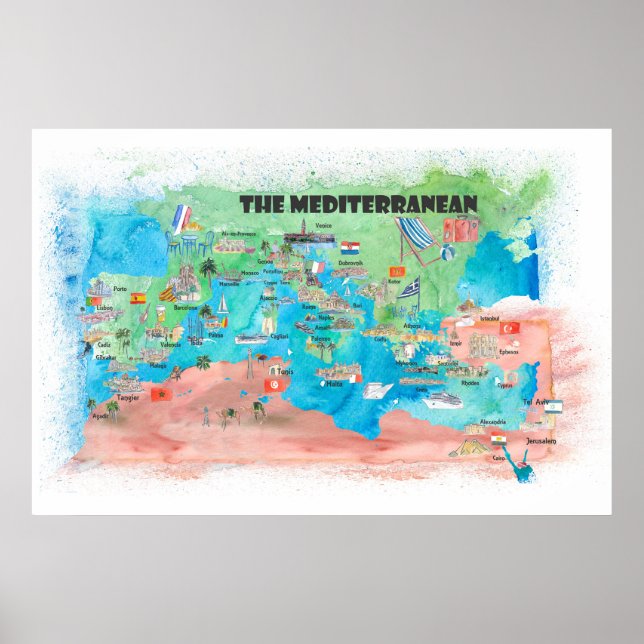 Poster Carte de l'affiche de voyage de la Méditerranée Es (Devant)