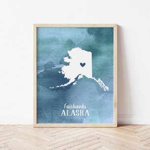Poster Carte de l'Alaska Aquarelle bleue Art personnalisé
