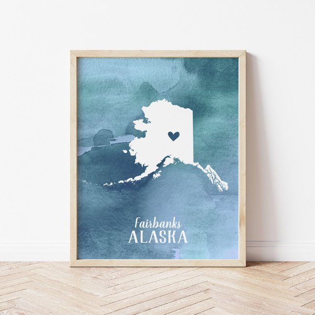 Poster Carte de l'Alaska Aquarelle bleue Art personnalisé (Créateur téléchargé)