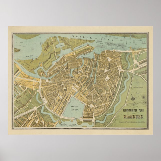 Poster Carte de l'Allemagne de Hambourg vintage (1854) (Devant)