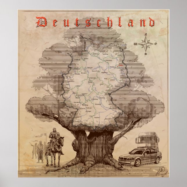 Poster Carte de l'Allemagne. Style d'une vieille gravure. (Devant)