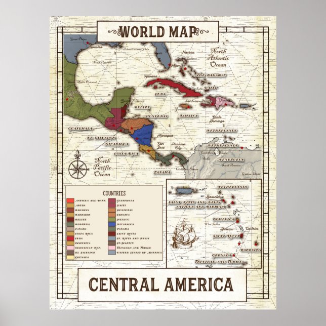 Poster Carte De L'Amérique Centrale (Devant)