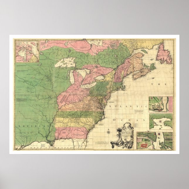 Poster Carte de l'Amérique française britannique 1755 (Devant)