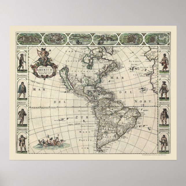 Poster Carte de l'Amérique par Frederick de Wit 1660 (Devant)