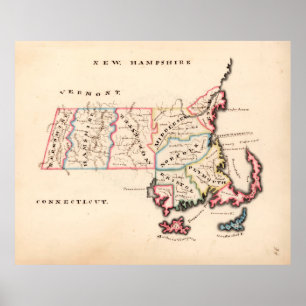 Poster Carte de l'ancien Massachusetts (1819) L'État de l