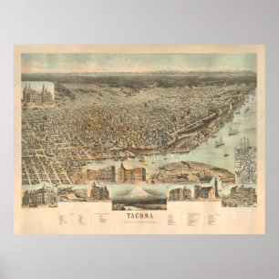 Poster Carte de l'ancien Tacoma WA (1890) Ville Vintage d