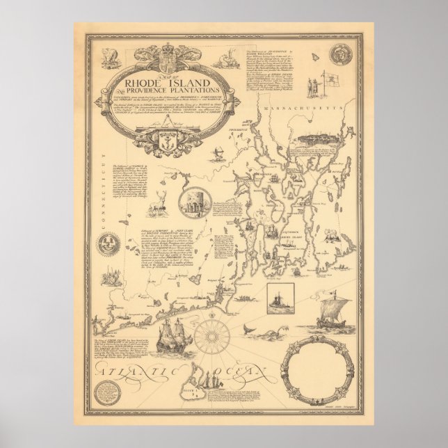 Poster Carte de l'ancienne île de Rhode (1925) (Devant)