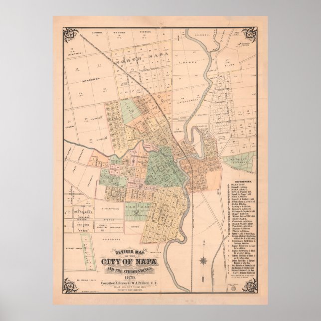 Poster Carte de l'ancienne Napa CA (1879) Vin de Californ (Devant)