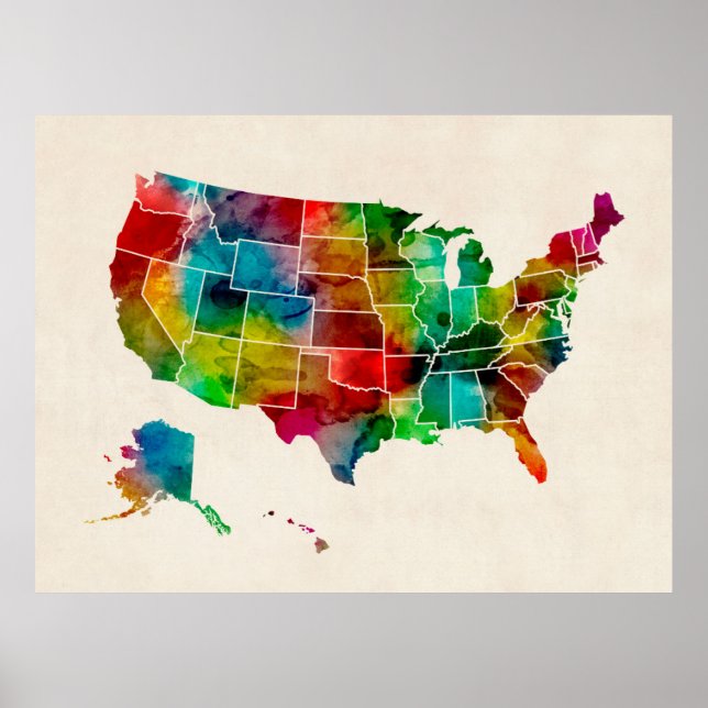 Poster Carte de l'aquarelle des États-Unis (Devant)