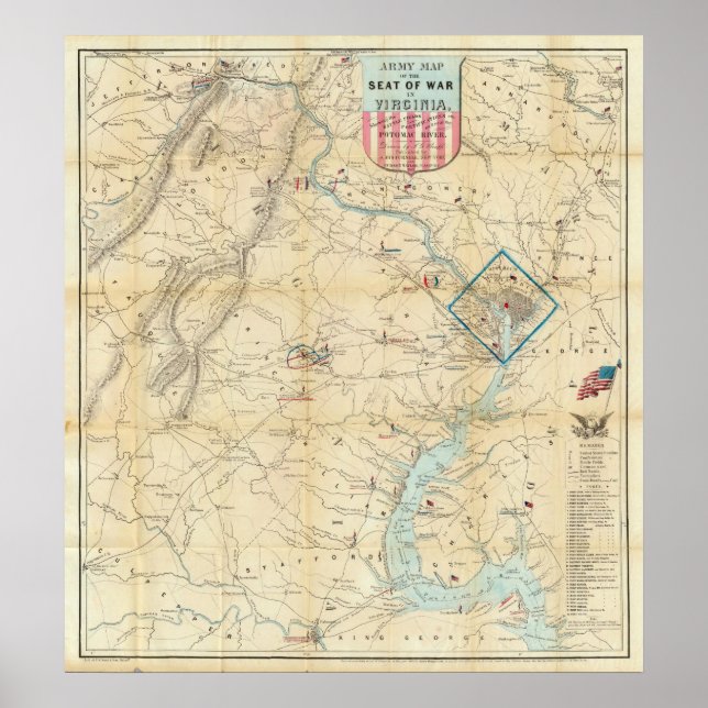 Poster Carte de l'armée du siège de la guerre en Virginie (Devant)